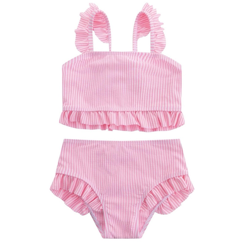 Girls 2T 3T Pink White Seersucker Stripe Ruffle 2 Piece Bikini Swimsuit Set NWT